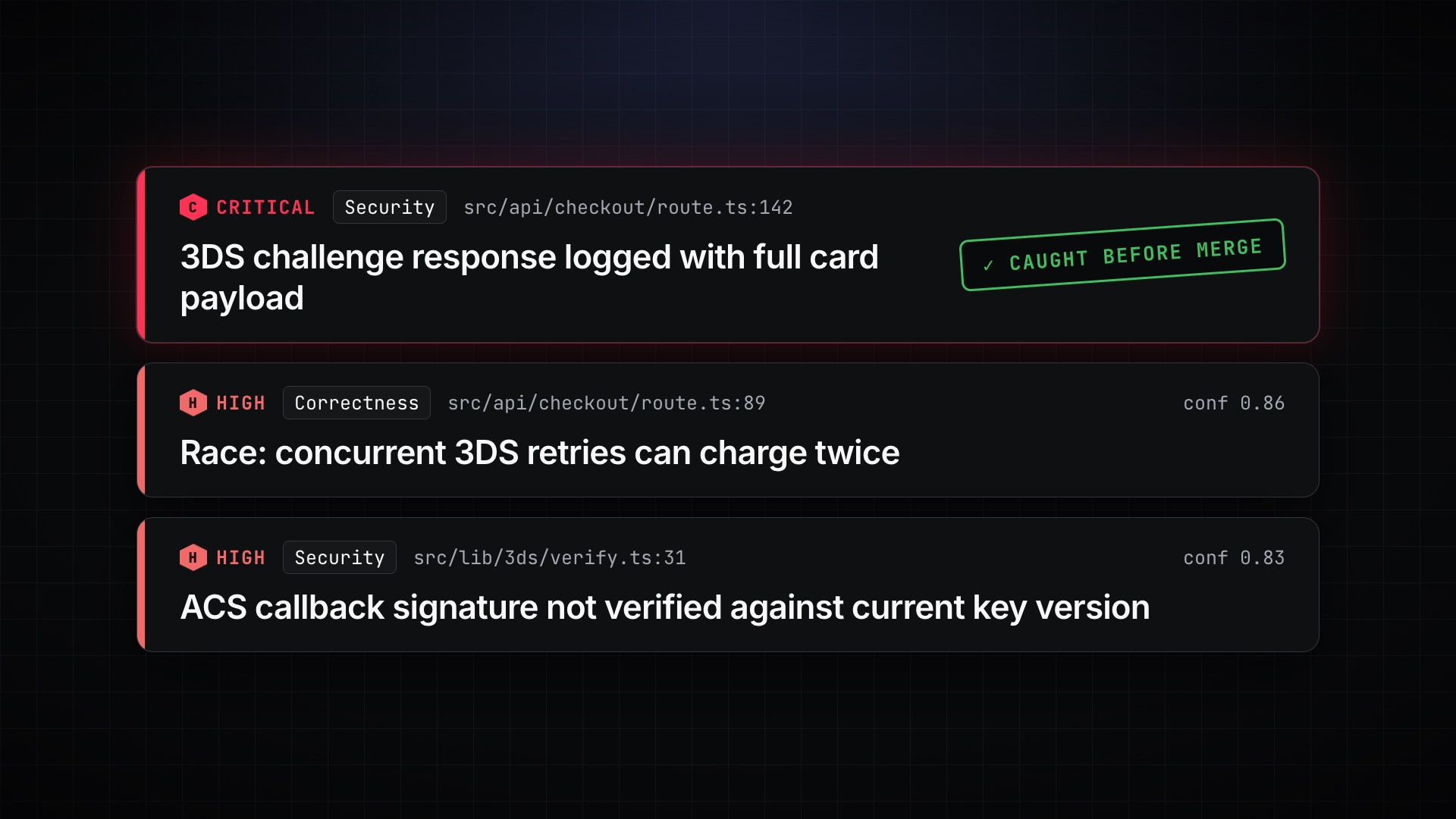 Critical and high-severity findings caught before merge